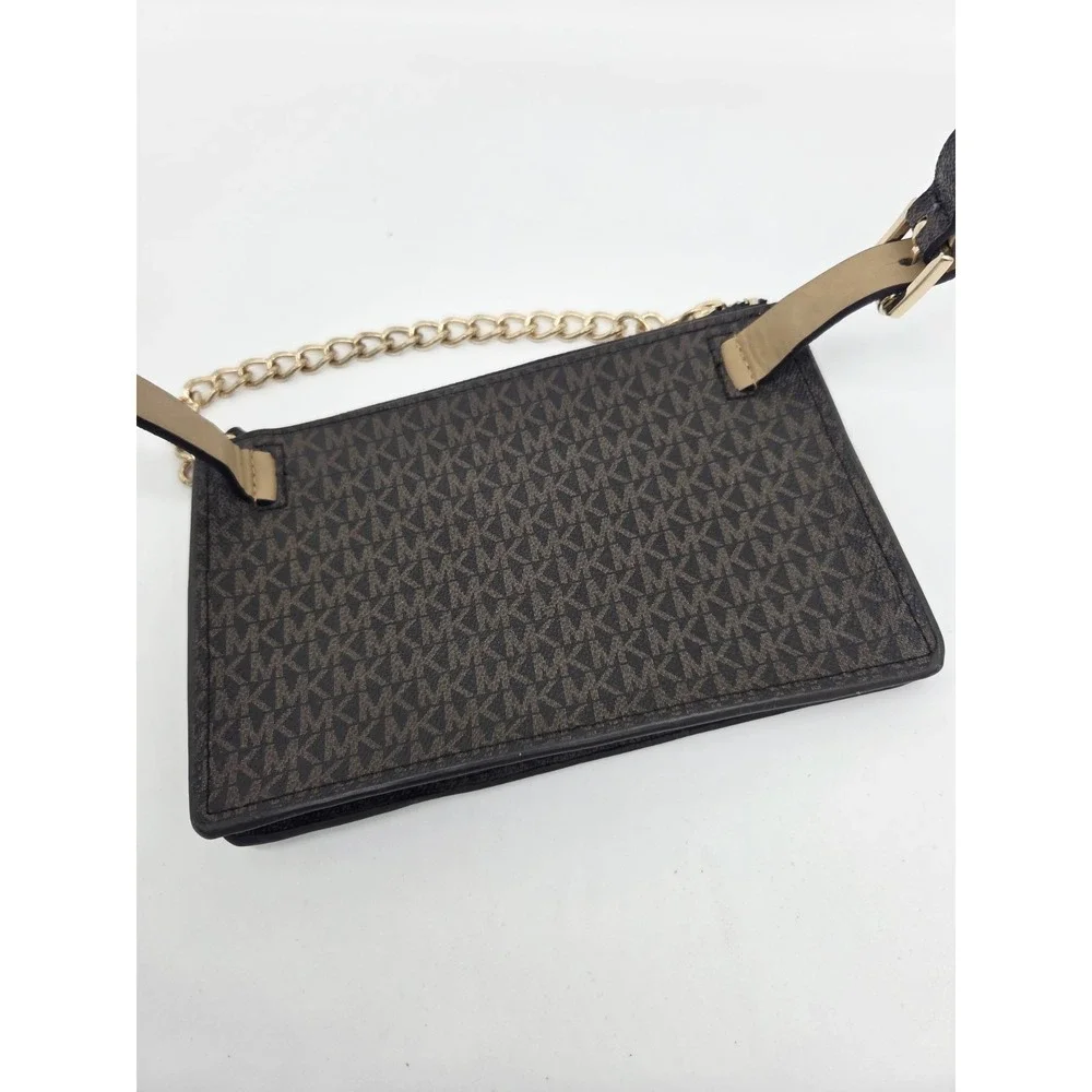 Michael Kors Brown Signature MK Pull Chain Waist Belt Bag Adjustable Gold Pack L